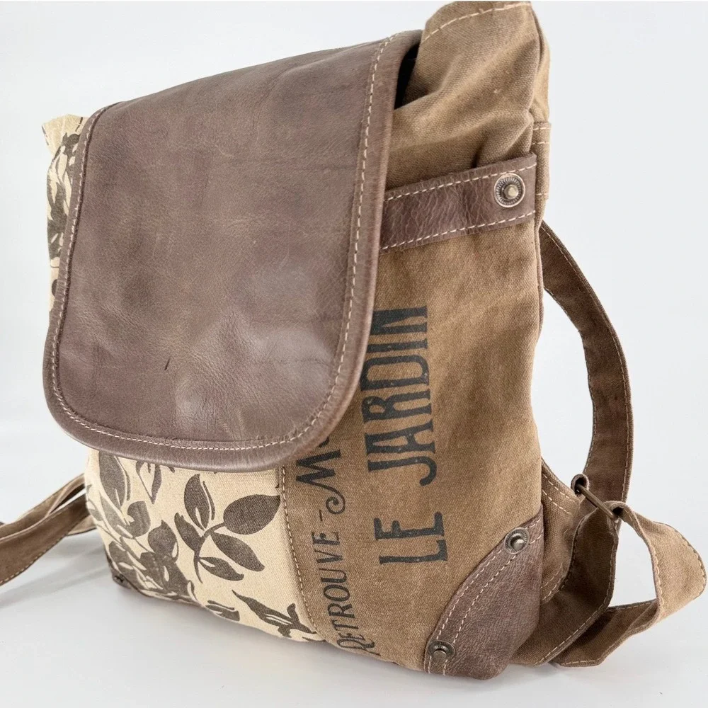 CLEA RAY Le Jardin Floral Canvas Leather Backpack Purse Upcycled Brown